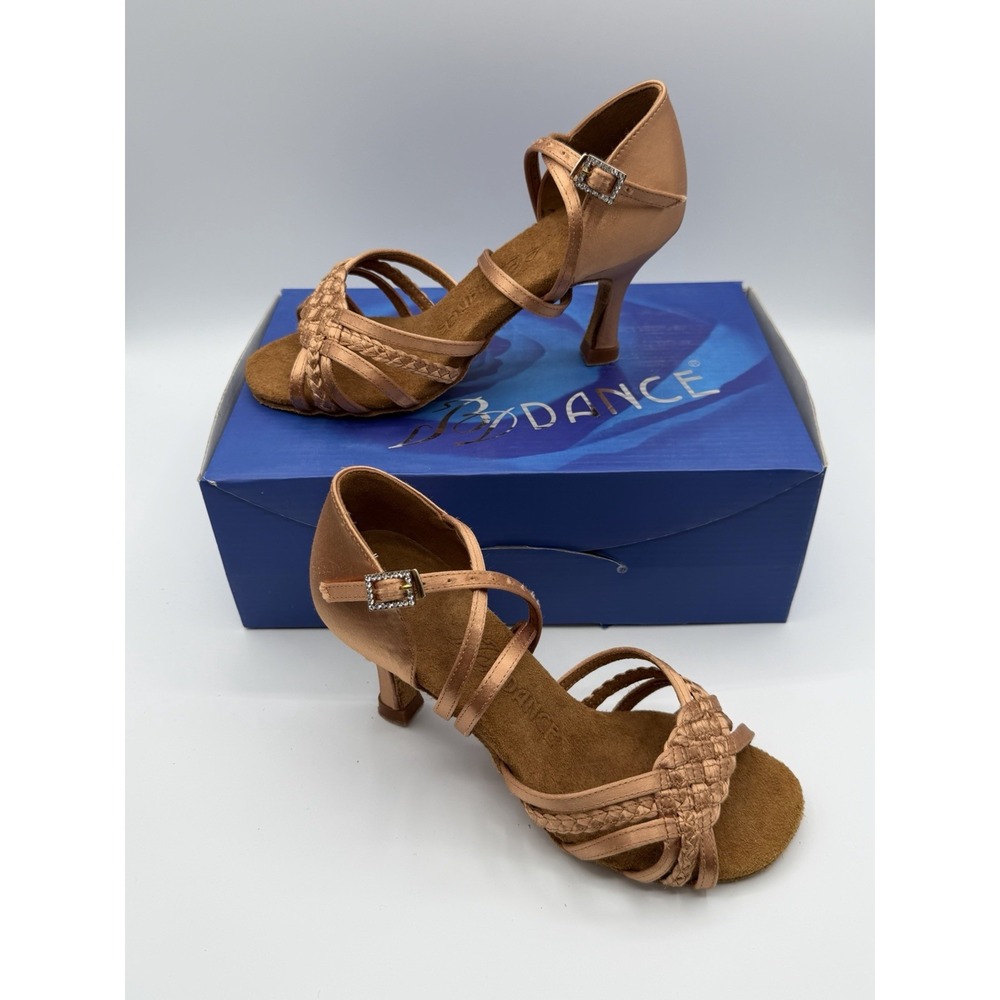 New BD Dance Women's Latin Rhythm Dance Shoes US Size 6.5 3" Heel Tan Satin
